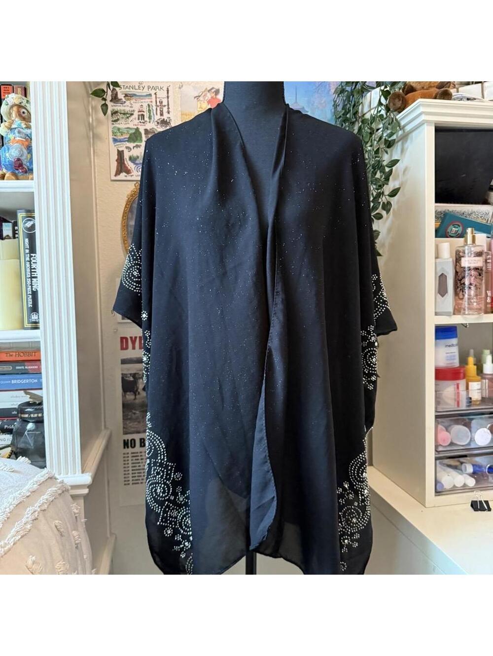 Jessica McClintock Black Rhinestone Sheer Kimono Wrap